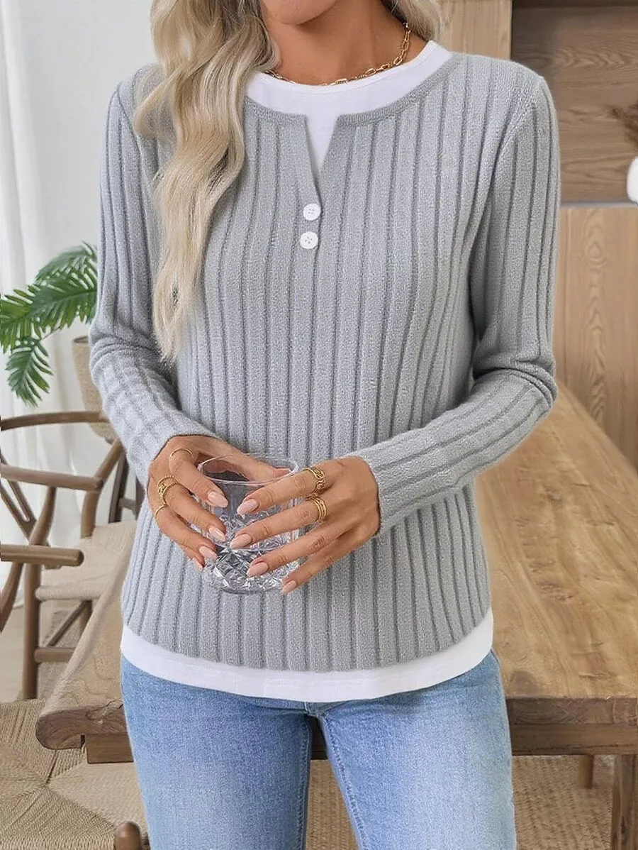 Ribbed Knit Long Sleeve Fake Two-Piece T-Shirt, image 8