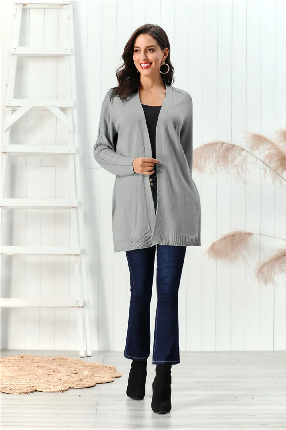 Cable-Knit Open Front Long Sleeve Cardigan, image 13
