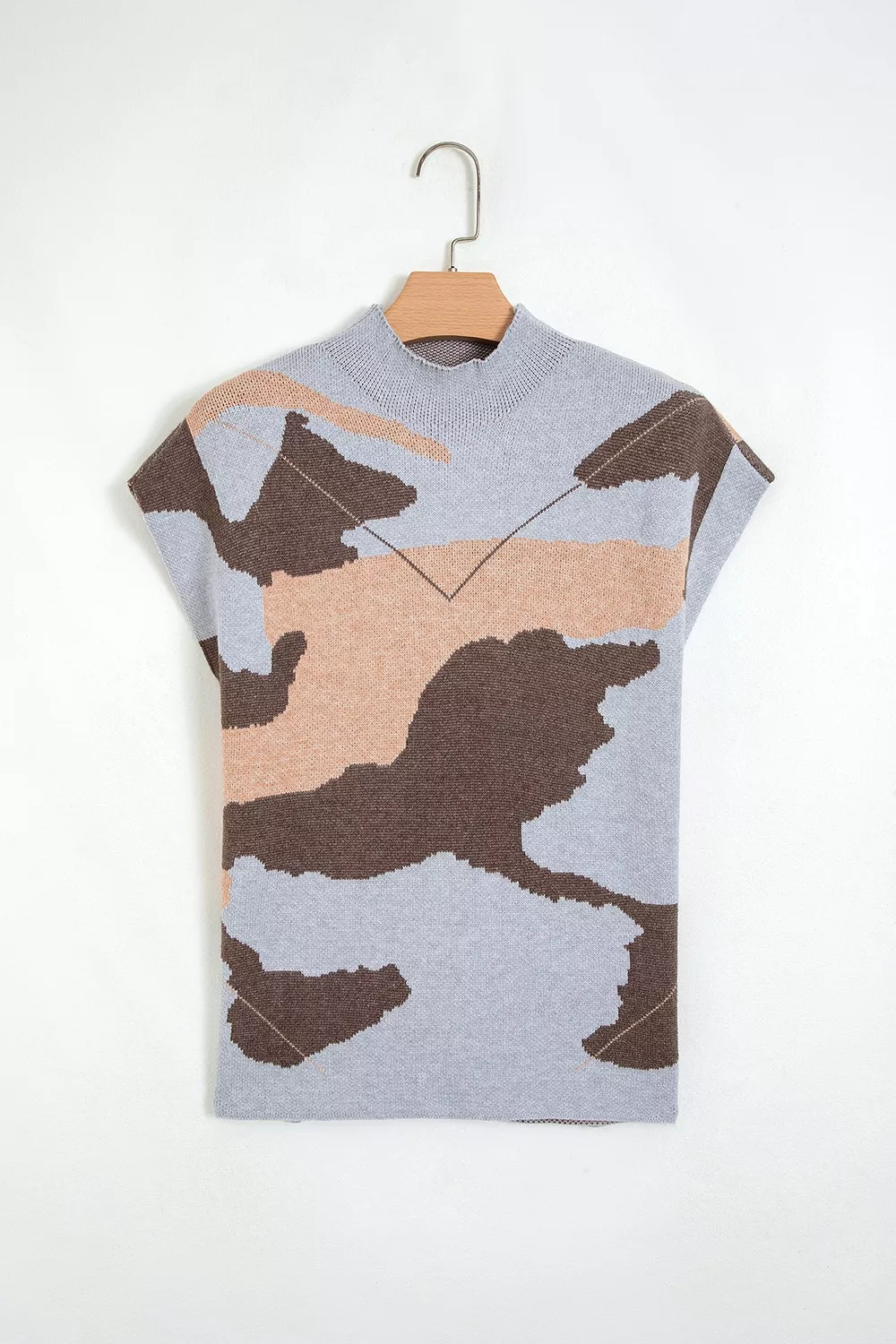 Camouflage Pattern Drop Shoulder High Neck Short Sleeve Shift Sweater, image 5