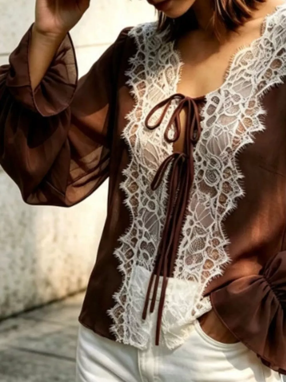 Sheer Lace-Trimmed Front Tie Blouse, image 10