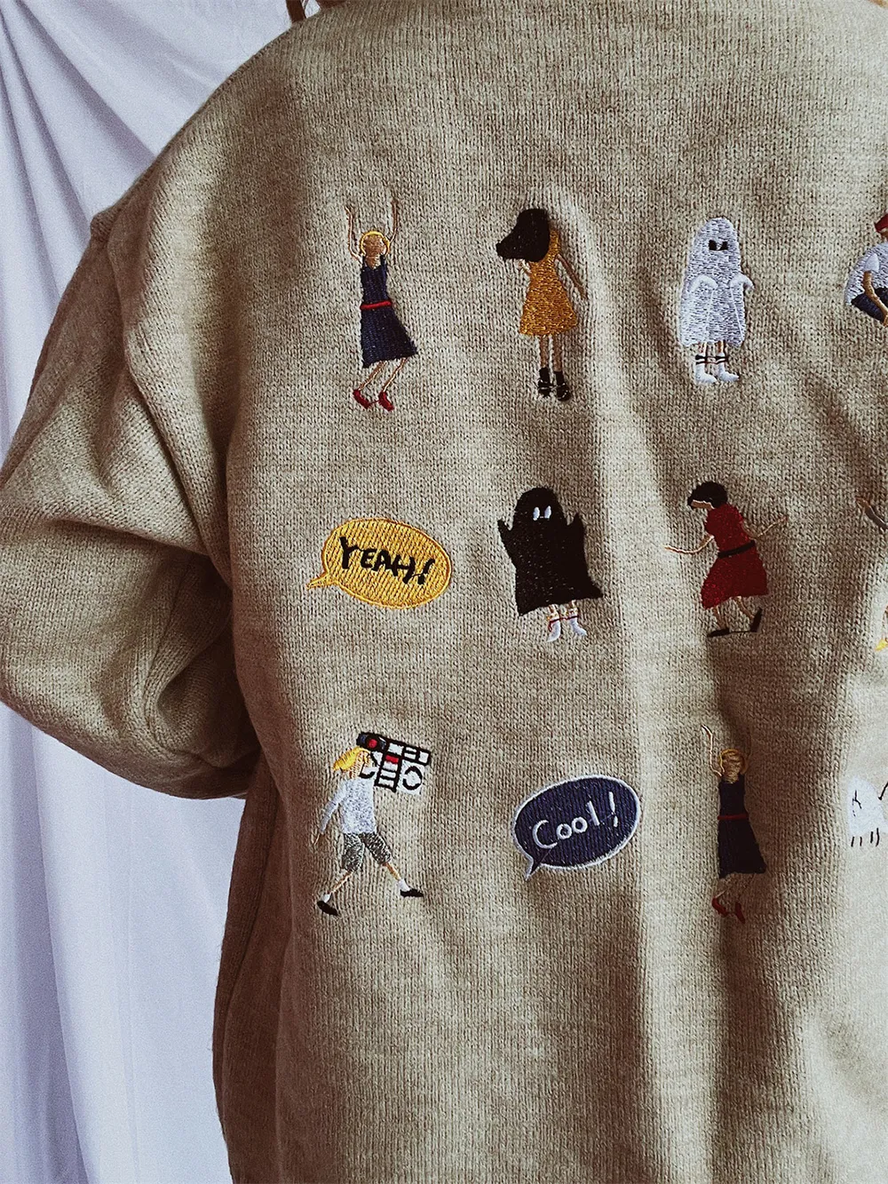 Embroidered Round Neck Dropped Shoulder Sweater, image 11