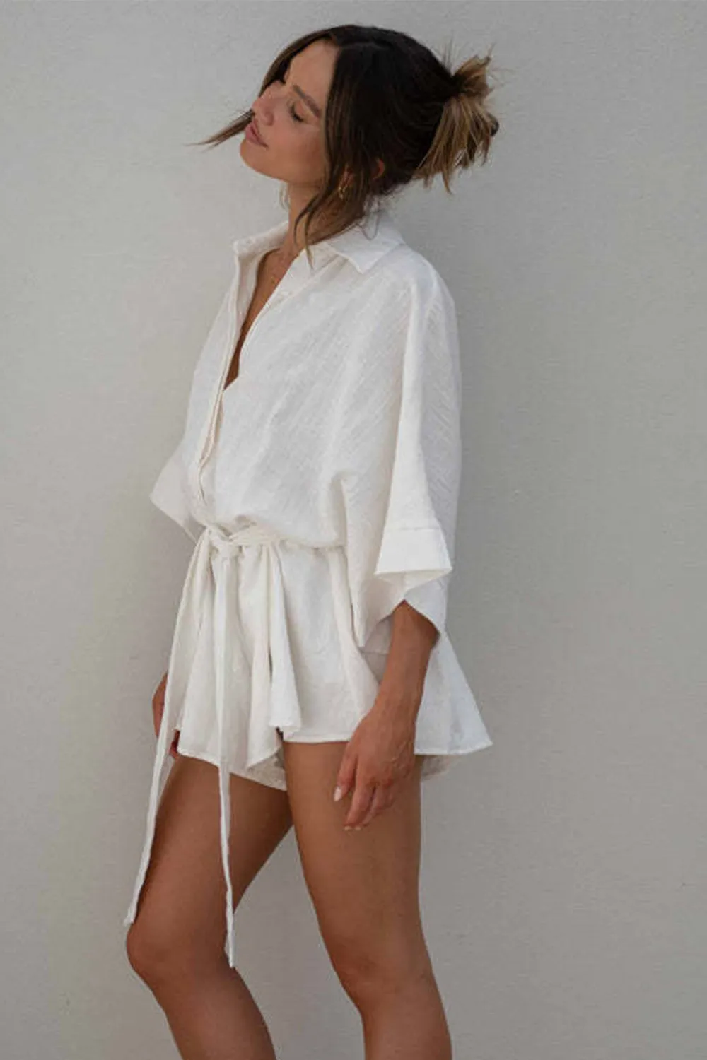 Tied Button Up Collared Neck Romper, image 10