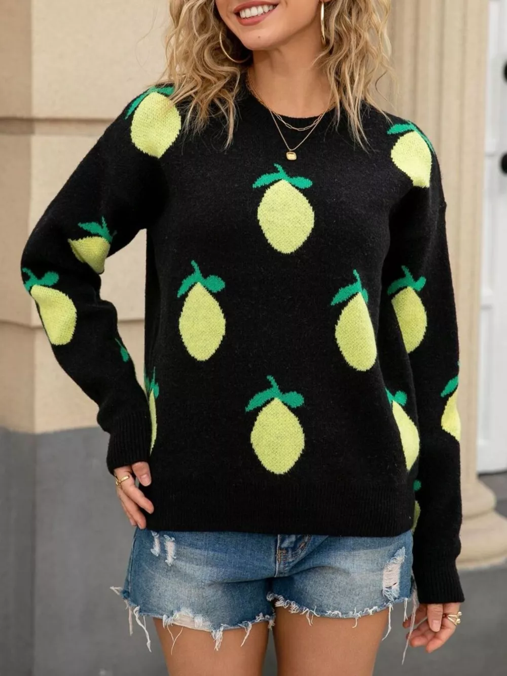 Lemon Crew Neck Round Neck Sweater, image 8