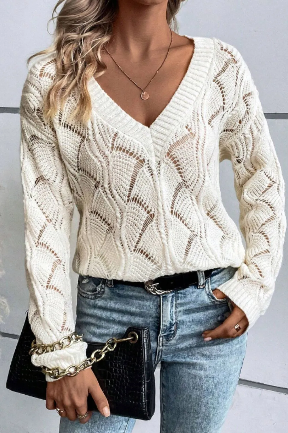 Openwork V-Neck Long Sleeve Sweater, image 6