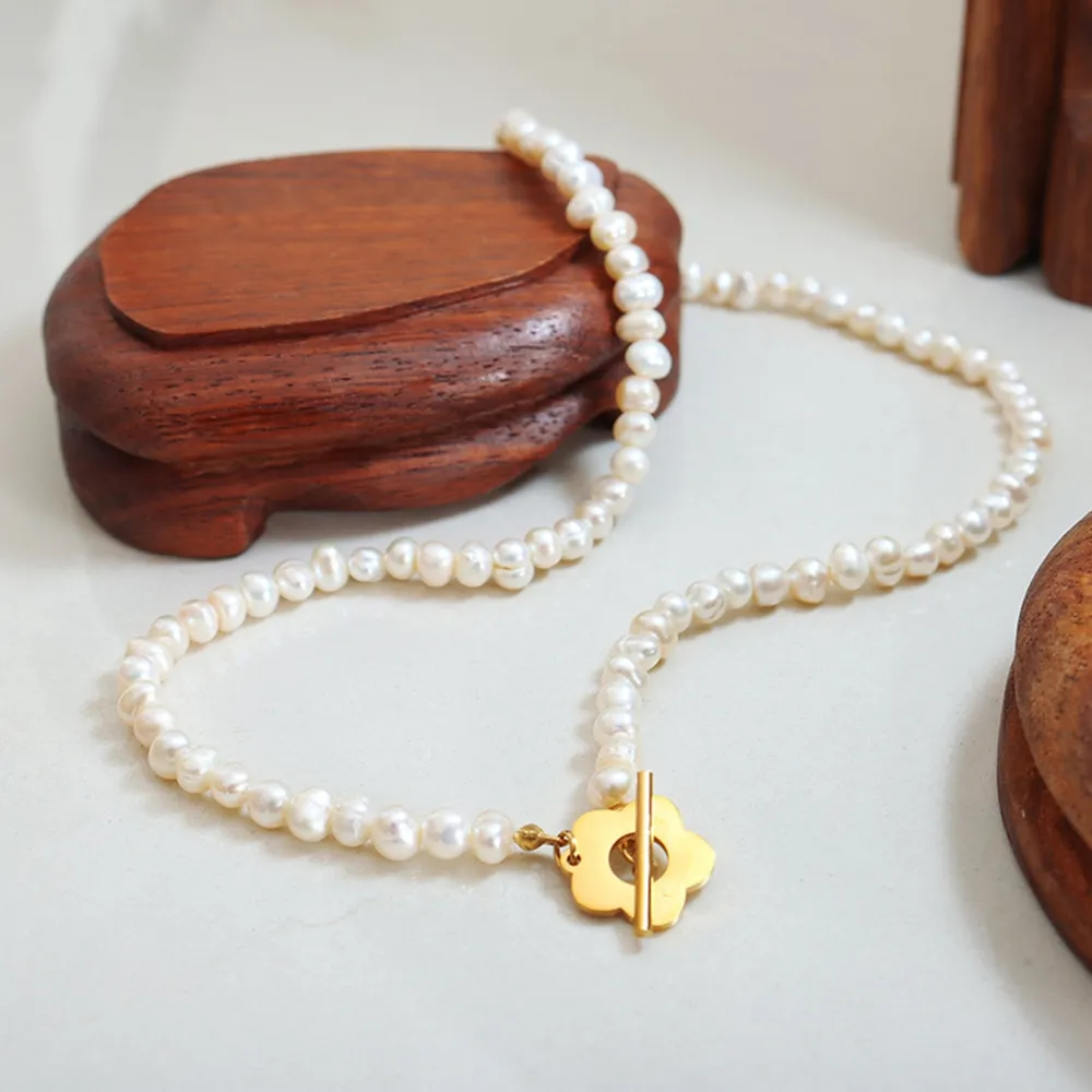 Titanium Steel Pearl Flower Necklace, image 3