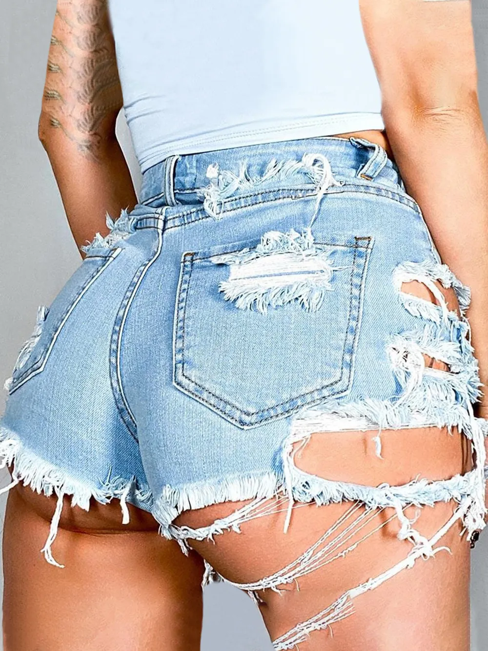 Distressed Raw Hem Denim Shorts with Pockets, image 6
