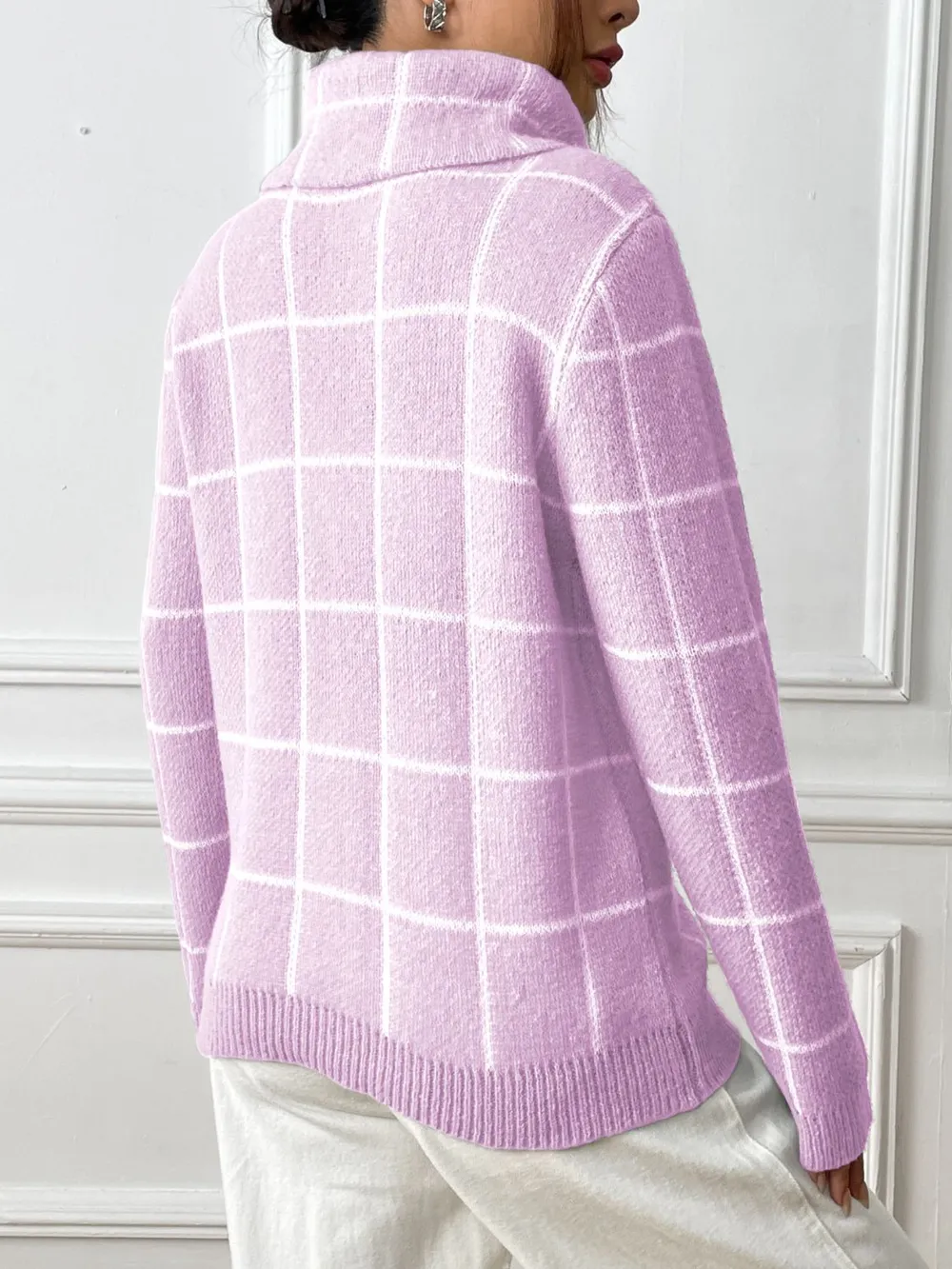Plaid Turtleneck Long Sleeve Sweater, image 6