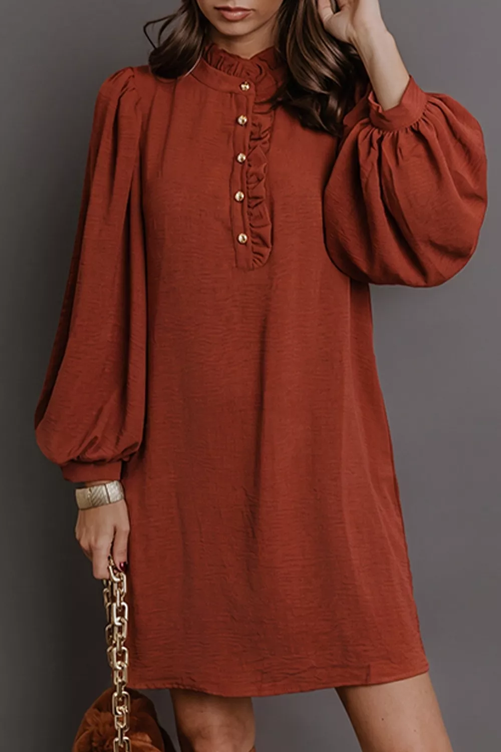 Solid Shift Long Sleeve Short Length Dress