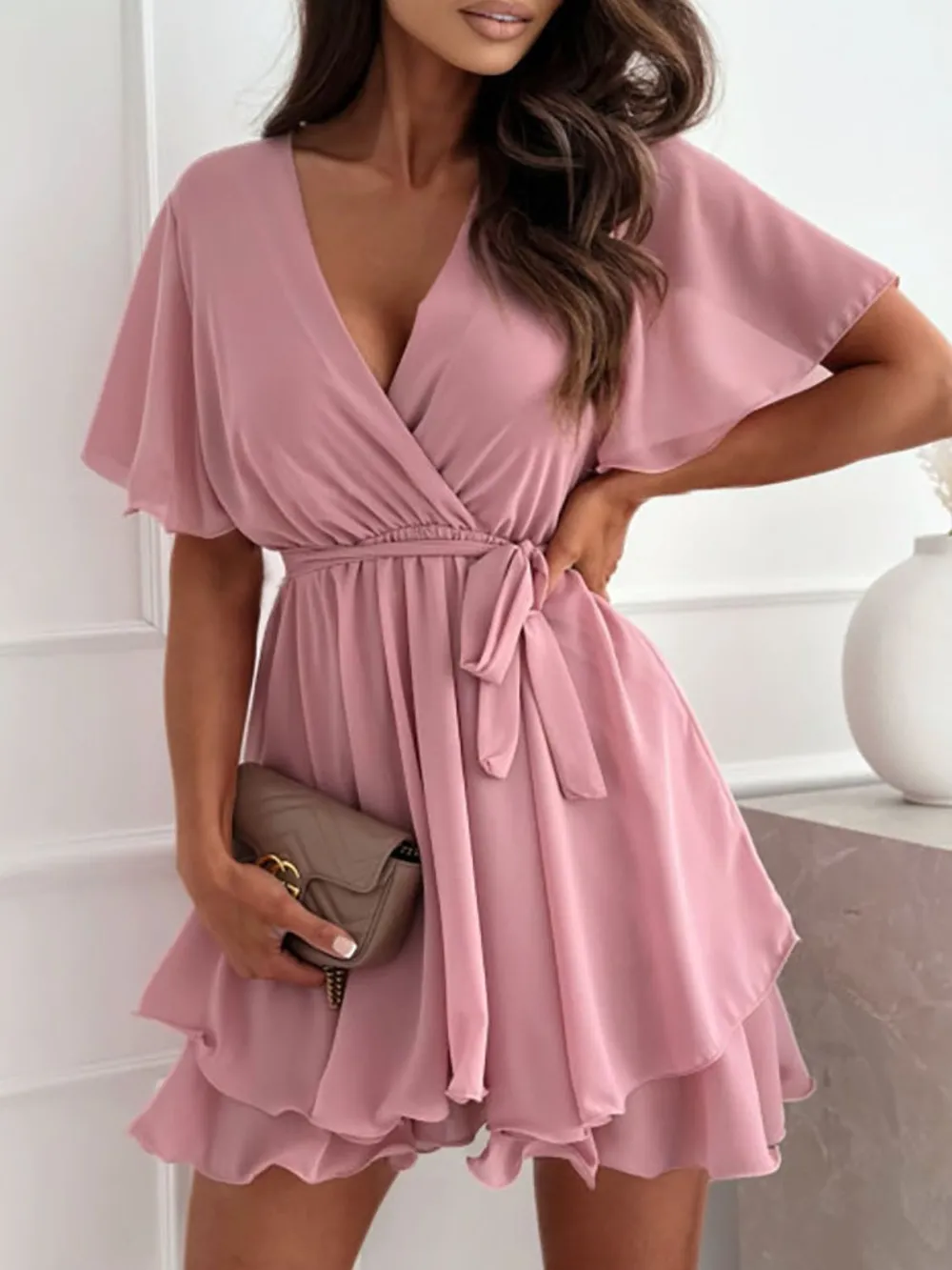 Surplice Flutter Sleeve Mini Dress, image 7