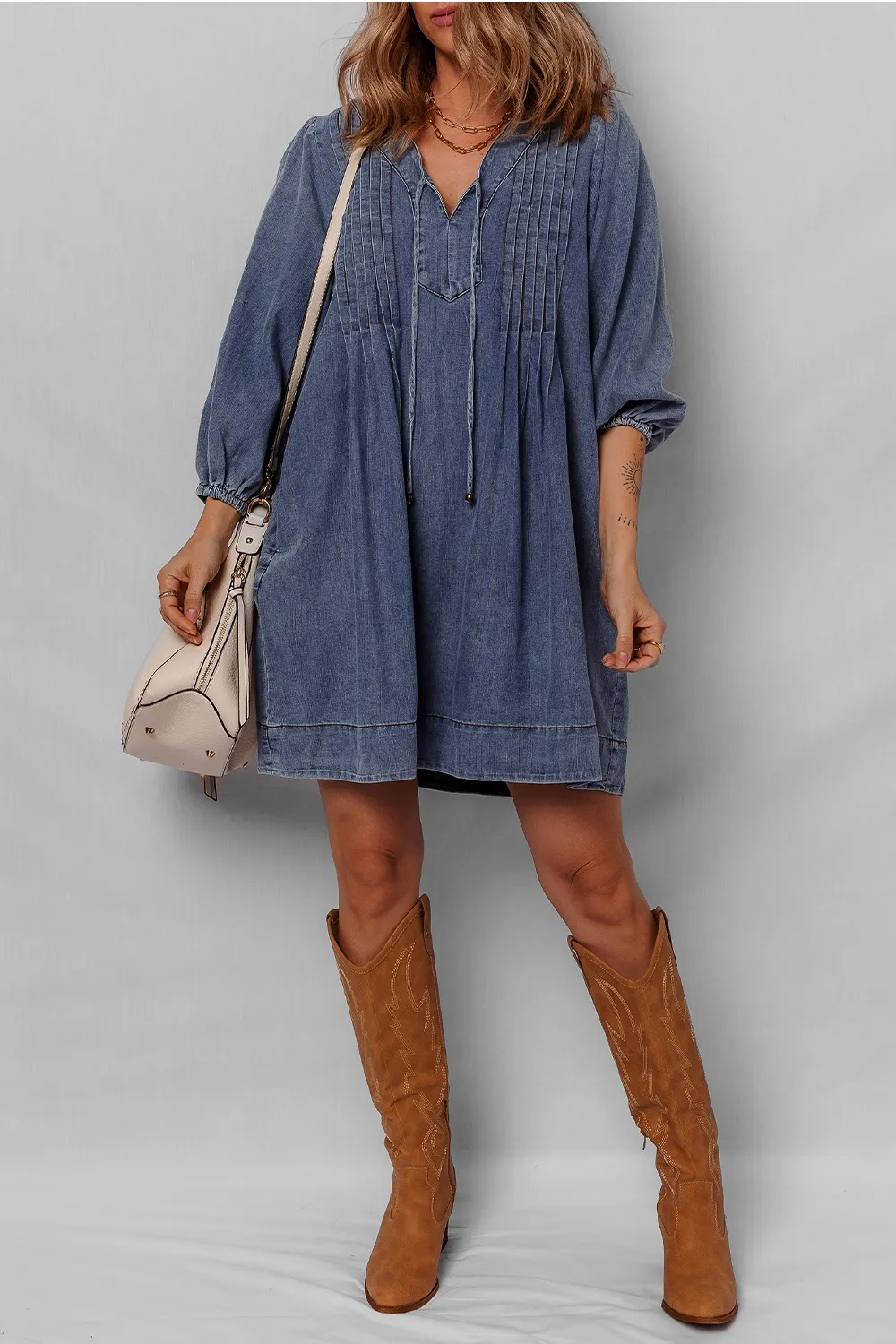 Tie Neck Long Sleeve Mini Denim Dress, image 6