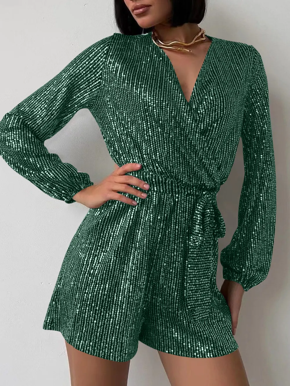 Full Size Sequin Surplice Tie Waist Long Sleeve Romper, image 15