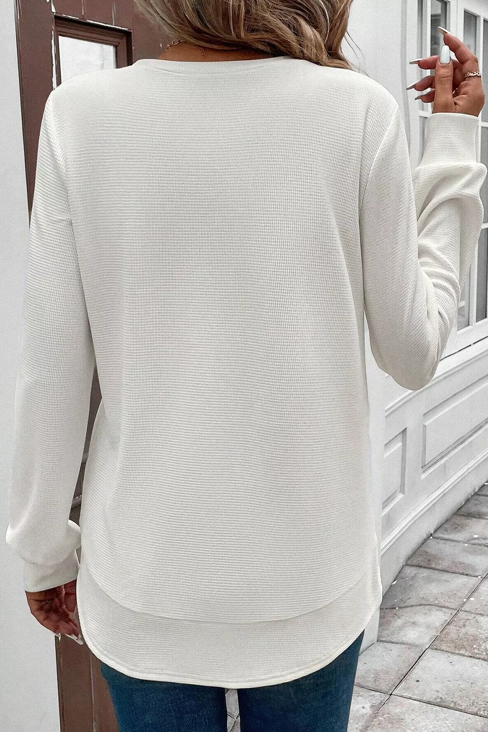 Rounded Neck Waffle Long Sleeve Top, image 4