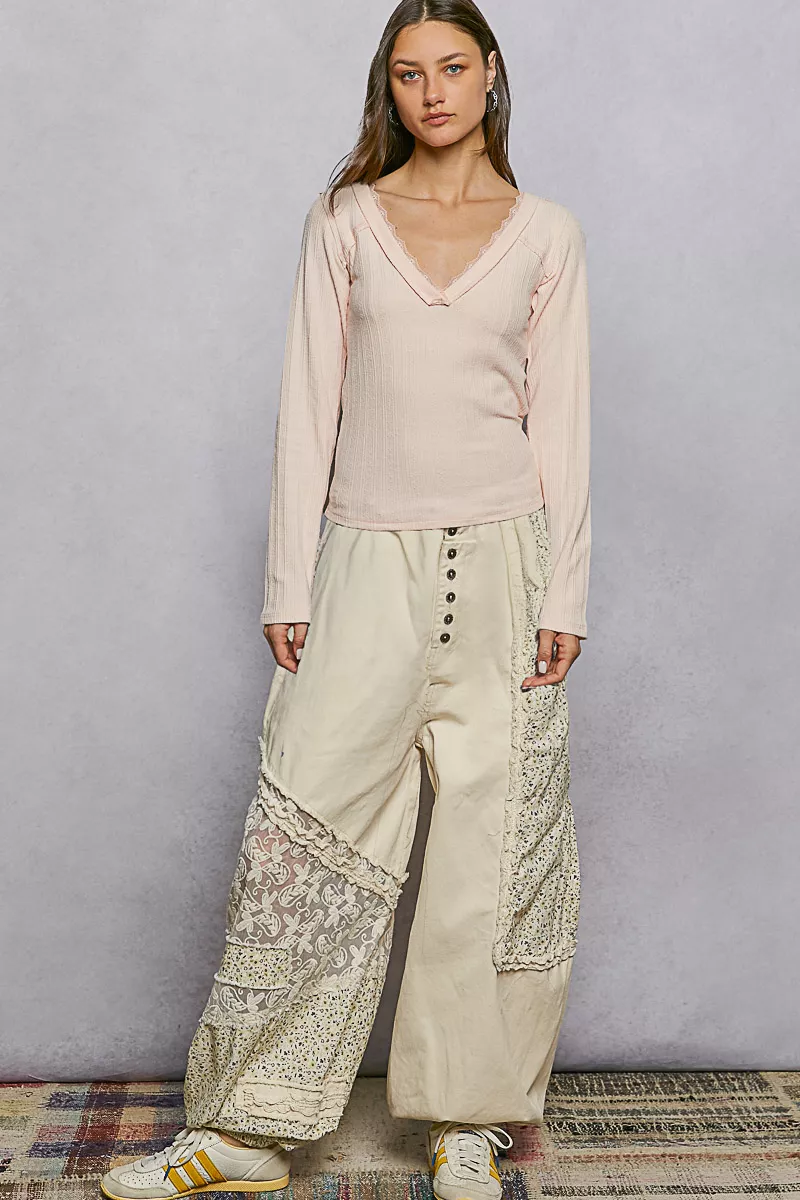 V-Neck Long Sleeve Ribbed Top with Lace-Accent Neckband, image 5