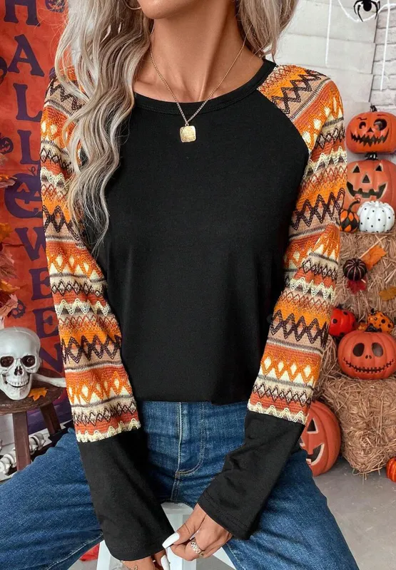 Printed Round Neck Raglan Sleeve Blouse, image 8