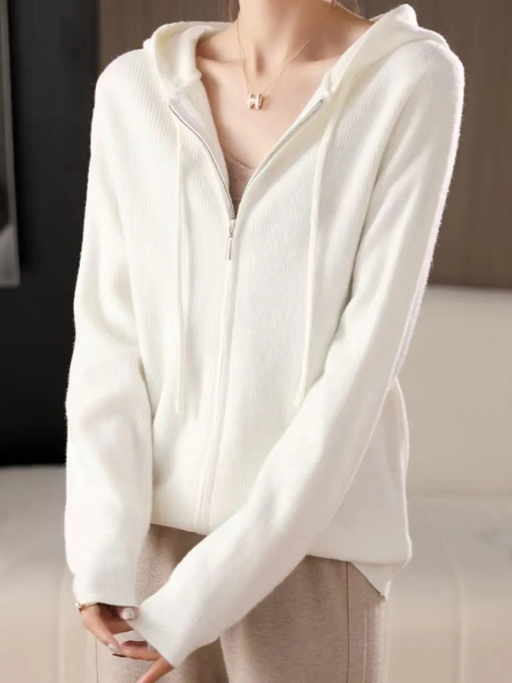 Drawstring Zip Up Long Sleeve Hooded Sweater, image 16
