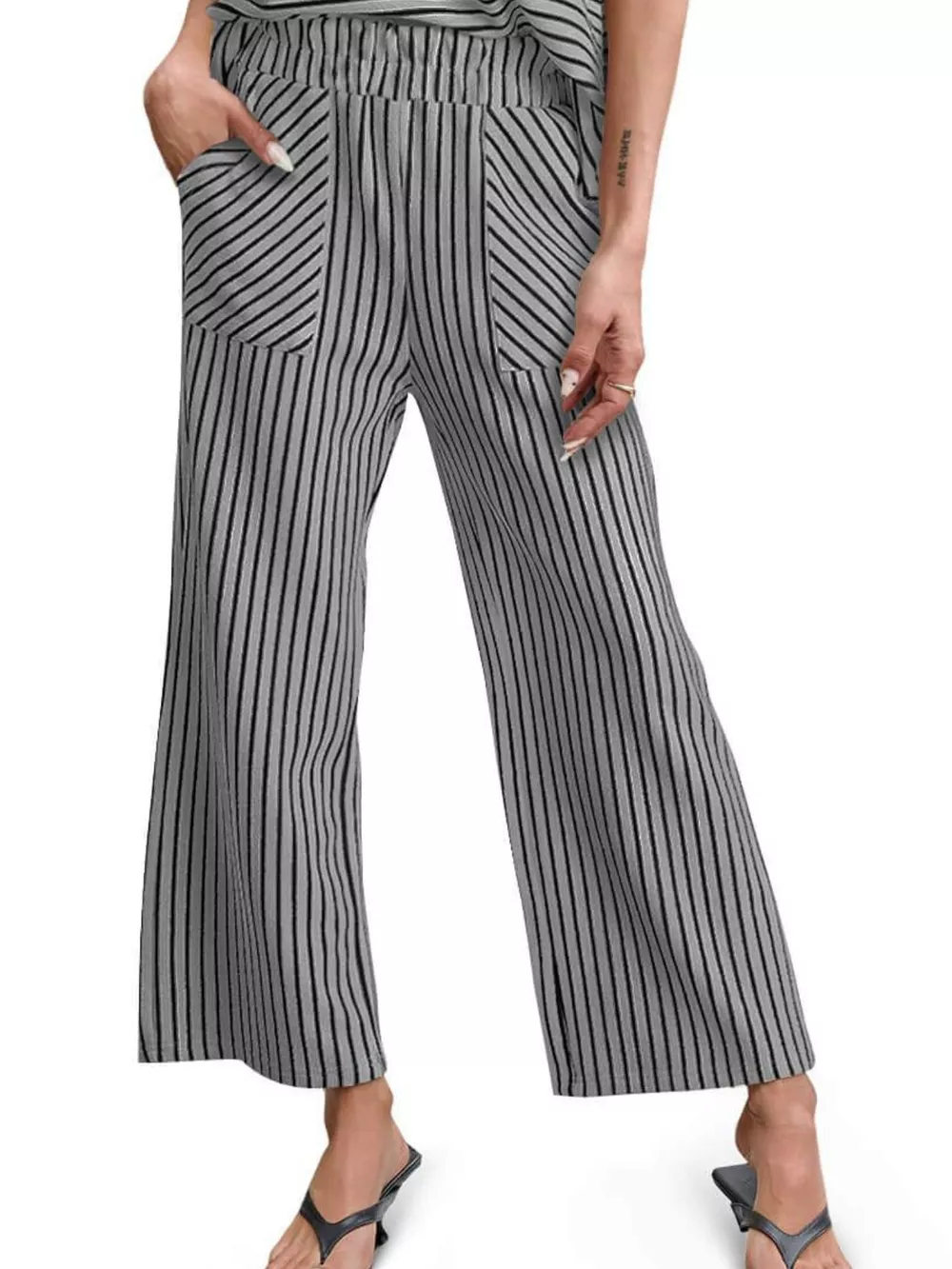 Casual Striped Short Sleeve Top and Wide Leg Pants Two-Piece Set, image 24