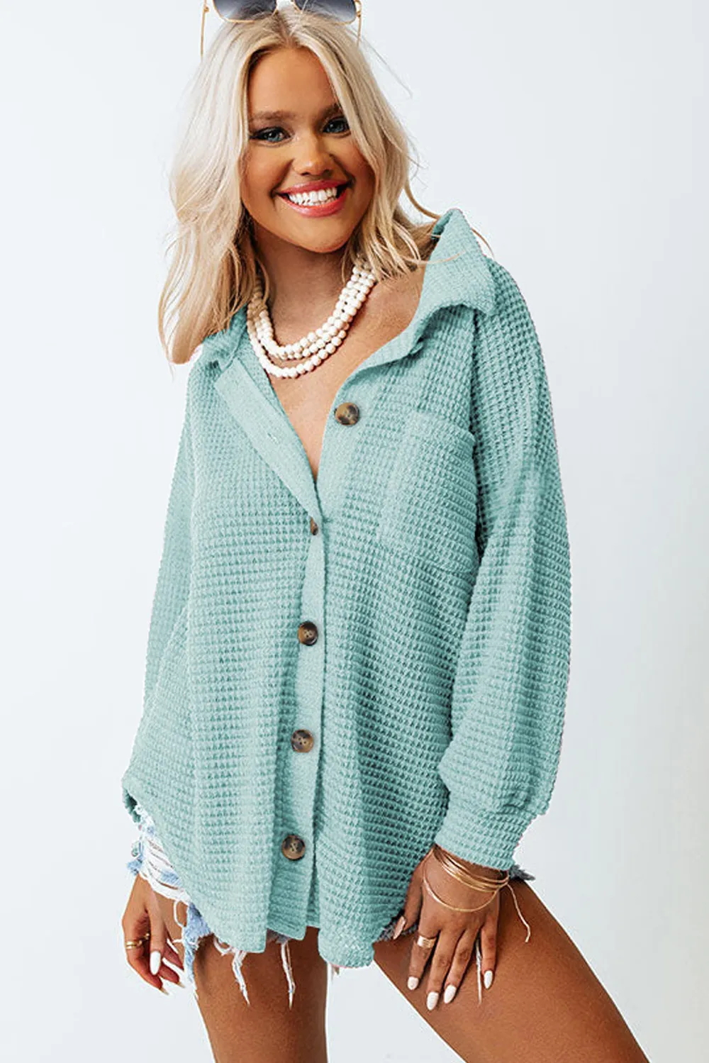 Waffle-Knit Collared Neck Long Sleeve Shirt, image 24
