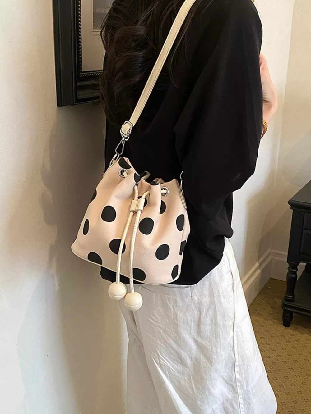 Polka Dot Drawstring Bucket Crossbody Bag, image 5