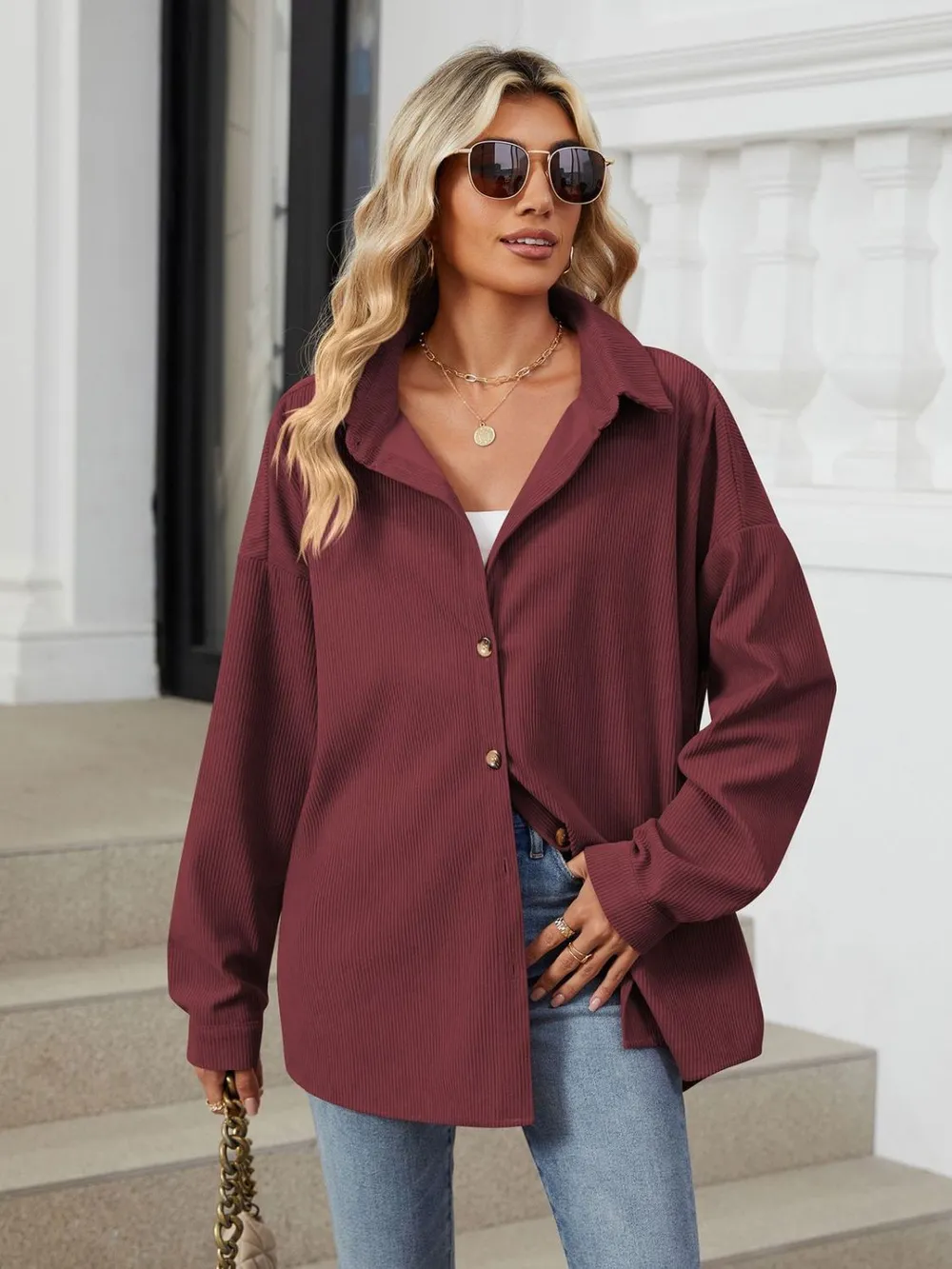 Collared Neck Long Sleeve Dropped Shoulder Shirt, image 7