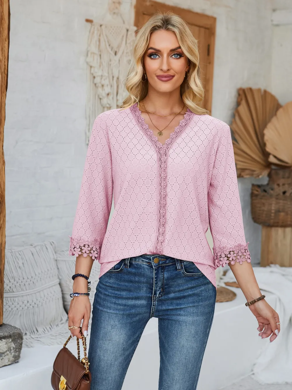 Lace Detail V-Neck Three-Quarter Sleeve Blouse, image 16