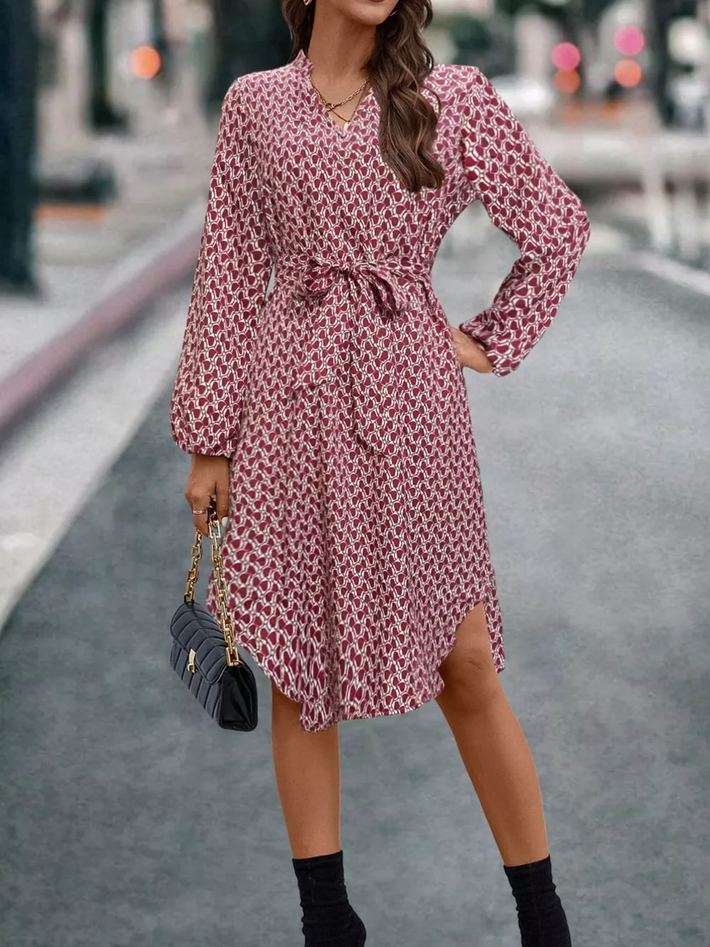 V-Neck Long Sleeve Printed Dress, image 3