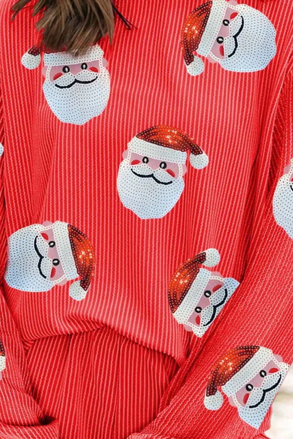 Sequin Santa Round Neck Long Sleeve Top and Shorts Set, image 3