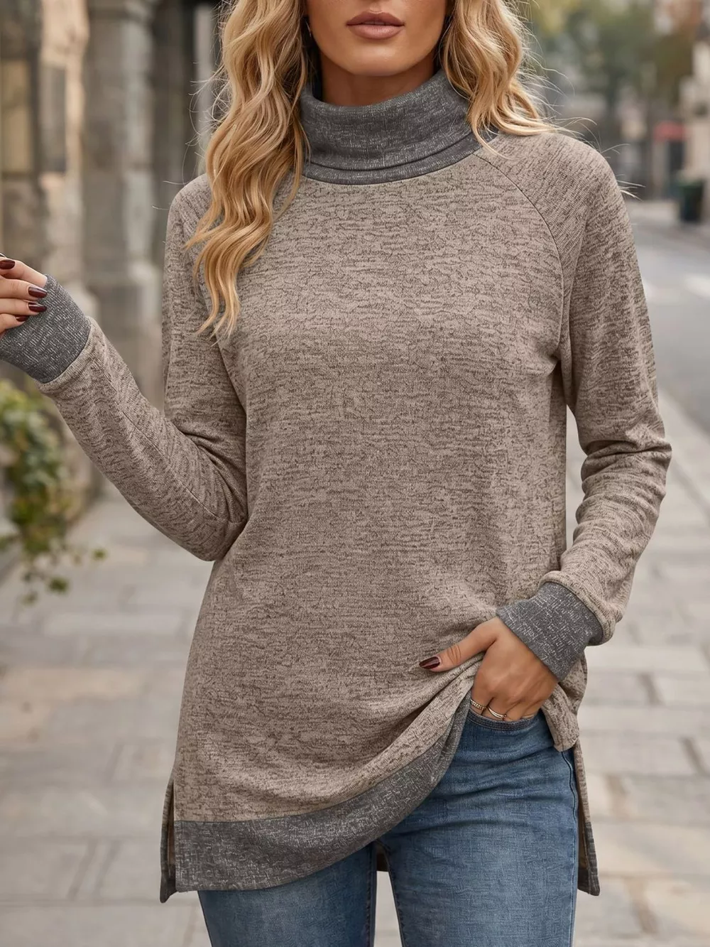 Turtleneck Raglan Sleeve T-Shirt, image 3