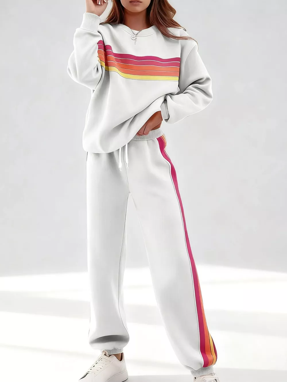 Striped Round Neck Sweatshirt and Pants Set, image 14