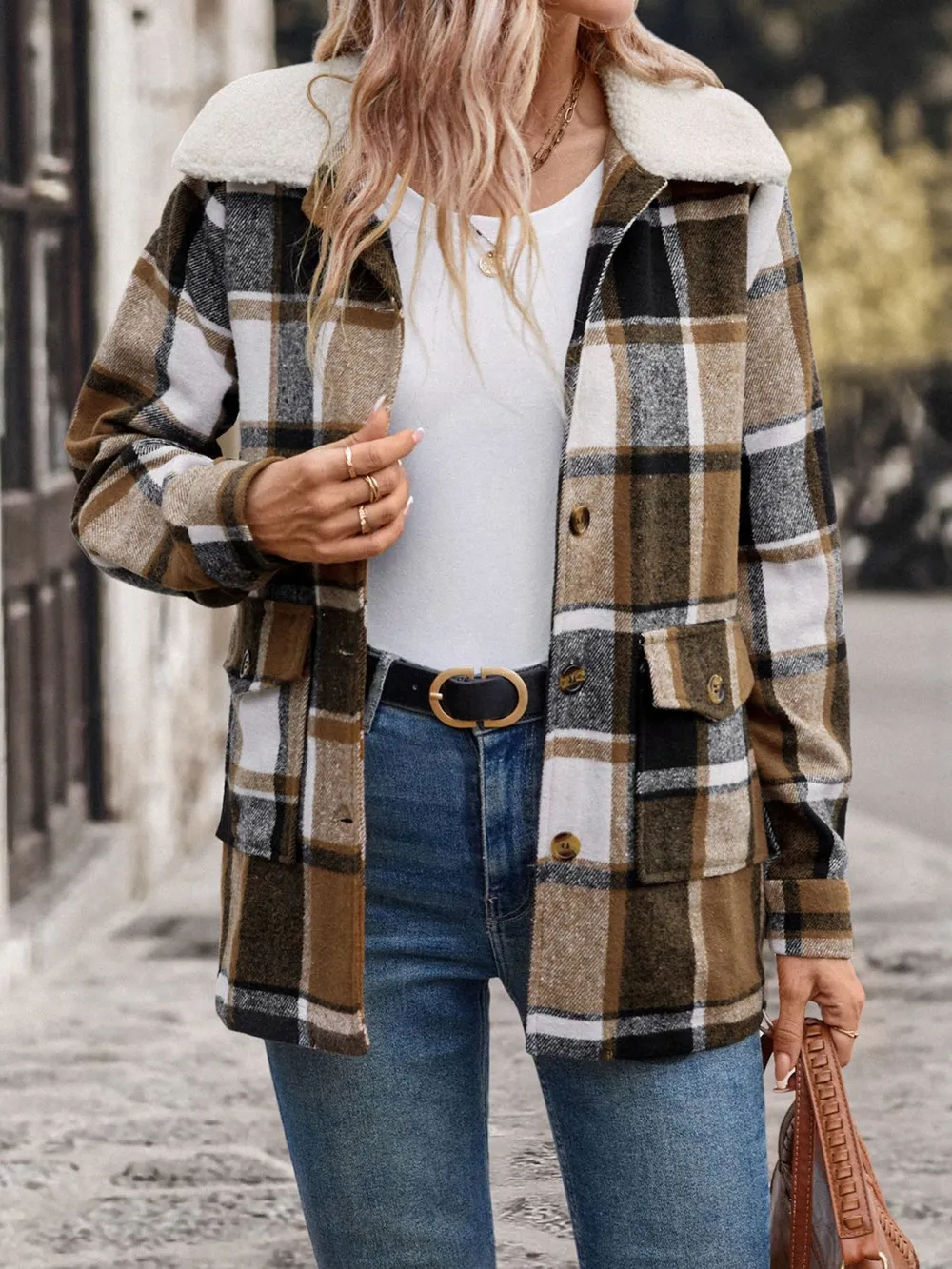 Pocketed Plaid Button Up Collared Neck Jacket, image 3
