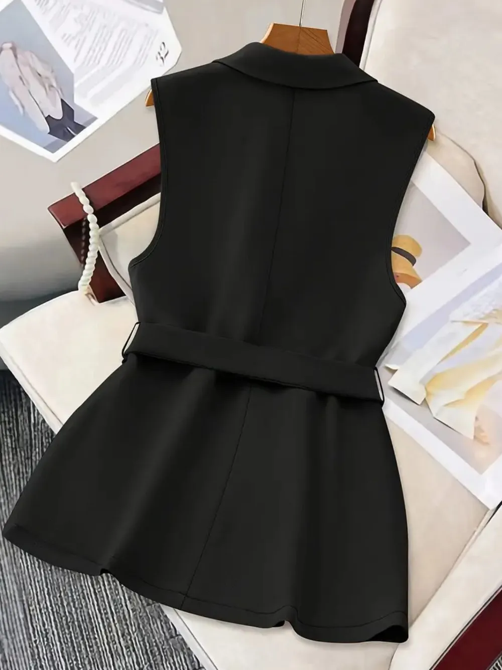 Tie Waist Lapel Collar Sleeveless Blazer, image 5