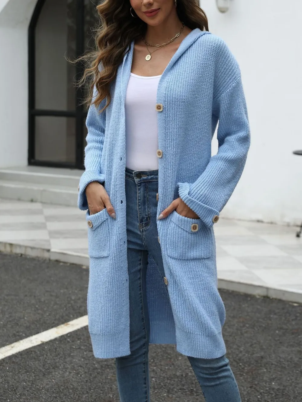 Pocketed Button Up Long Sleeve Hooded Cardigan, image 14