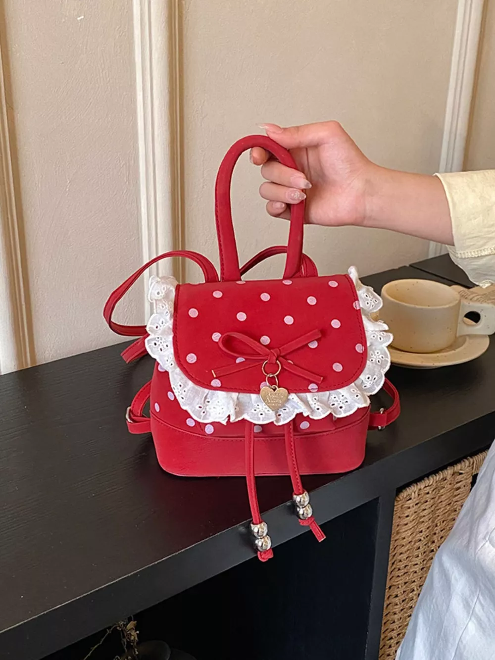 Polka Dot Lace Trim Backpack Bag, image 6
