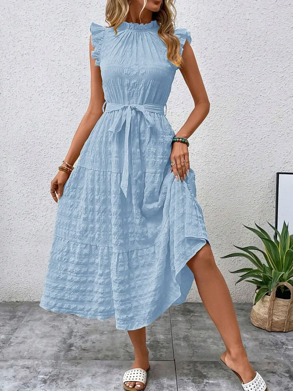 Tied Ruffled Cap Sleeve Midi Dress, image 23
