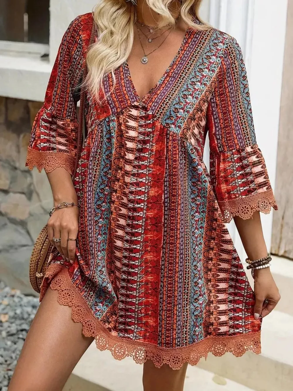 Printed V-Neck A-Line Dress, image 6
