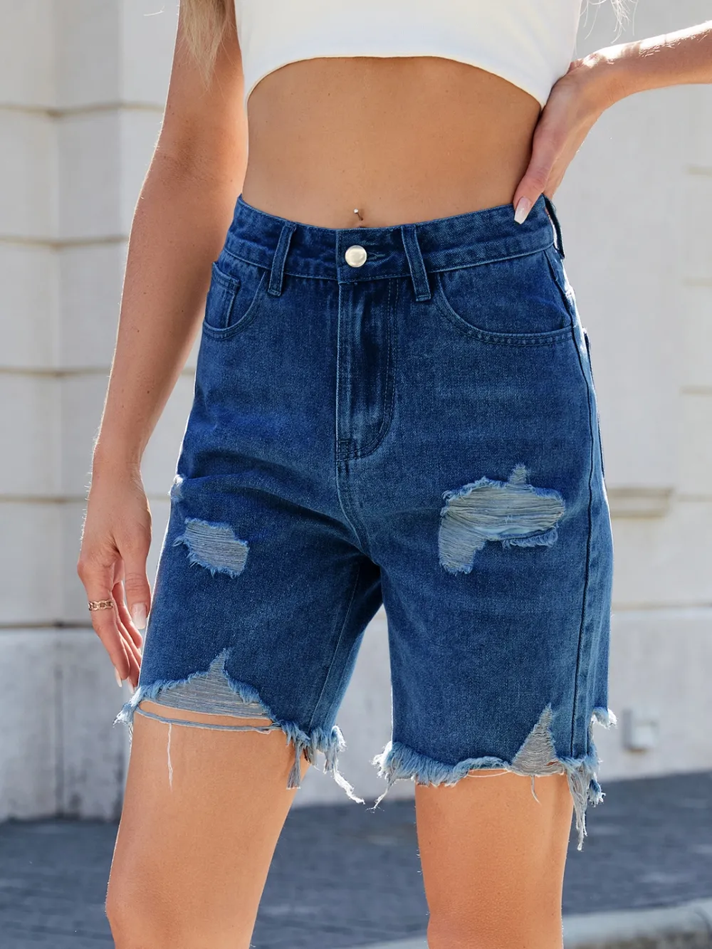 Distressed Raw Hem Denim Shorts, image 8