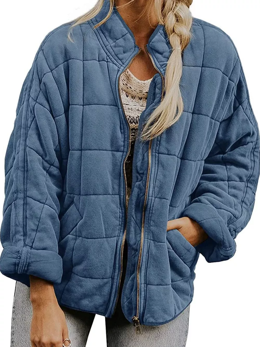 Full Size Zip Up Quilted Bomber Jacket Plus Size, image 4