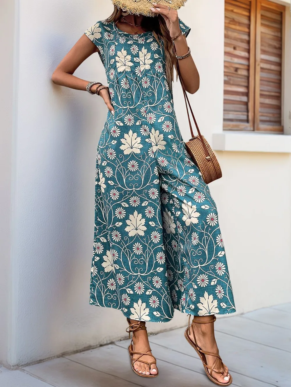 Printed Round Neck Cap Sleeve Wide Leg Jumpsuit, image 16