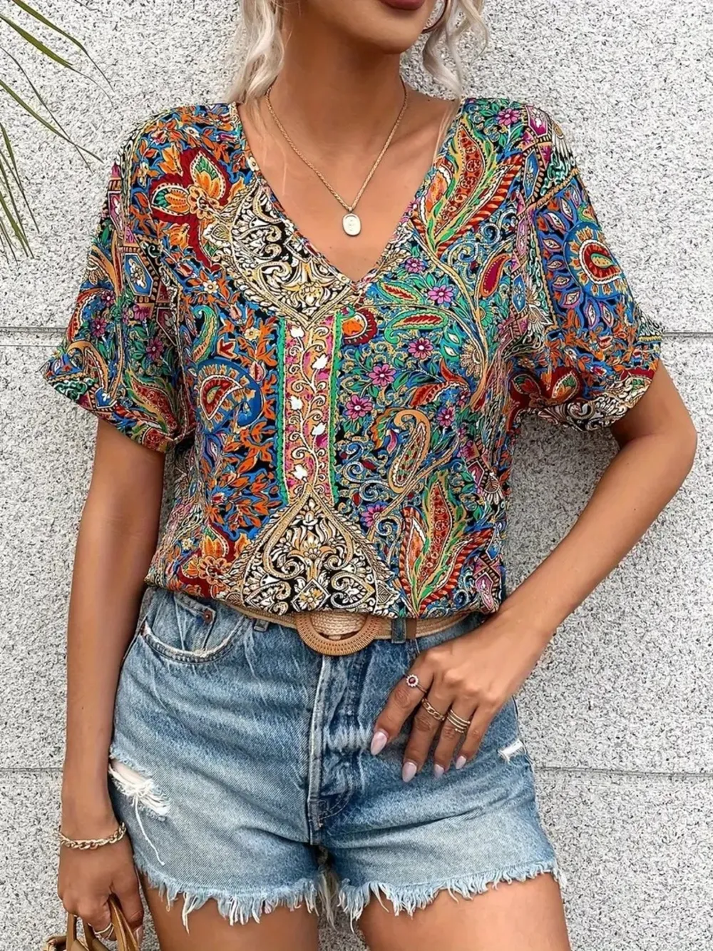 Bohemian Paisley Print V-Neck Short Sleeve T-Shirt, image 2