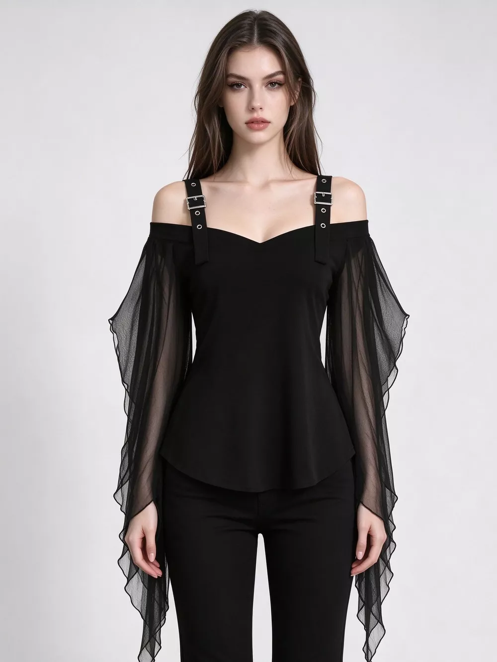 Halloween Gothic Buckle Strap Mesh Sleeve Top, image 2