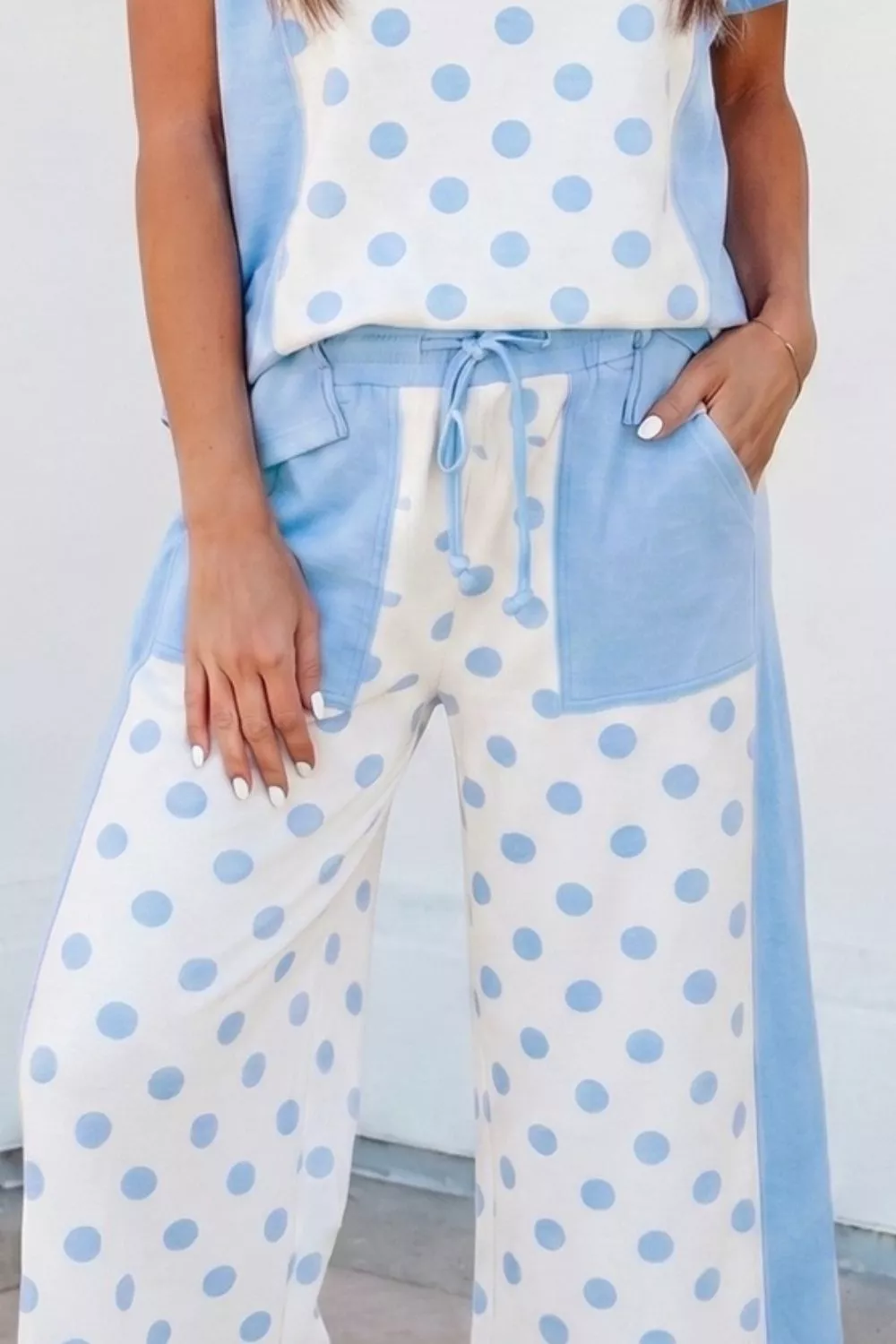 Color Block Patchwork Polka Dot Wide Leg Pant Set, image 3