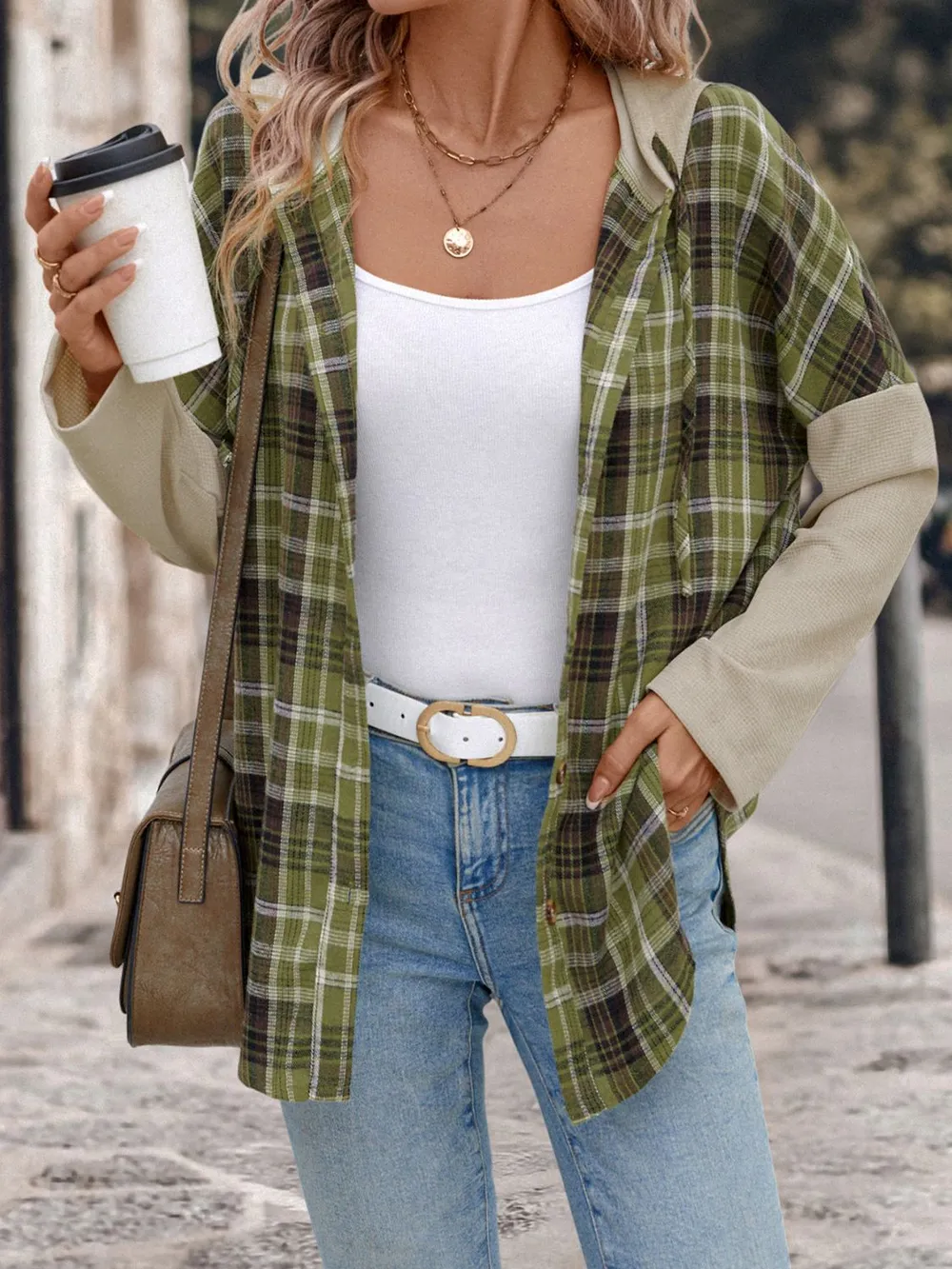 Drawstring Plaid Long Sleeve Hooded Shirt, image 6