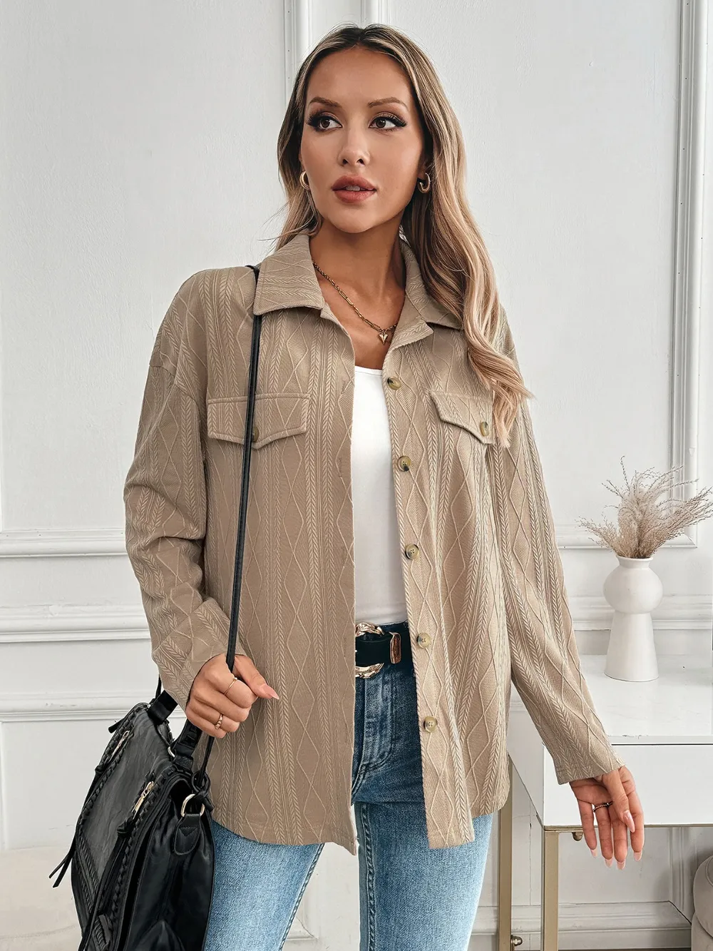 Textured Collared Neck Button Down Shacket, image 6