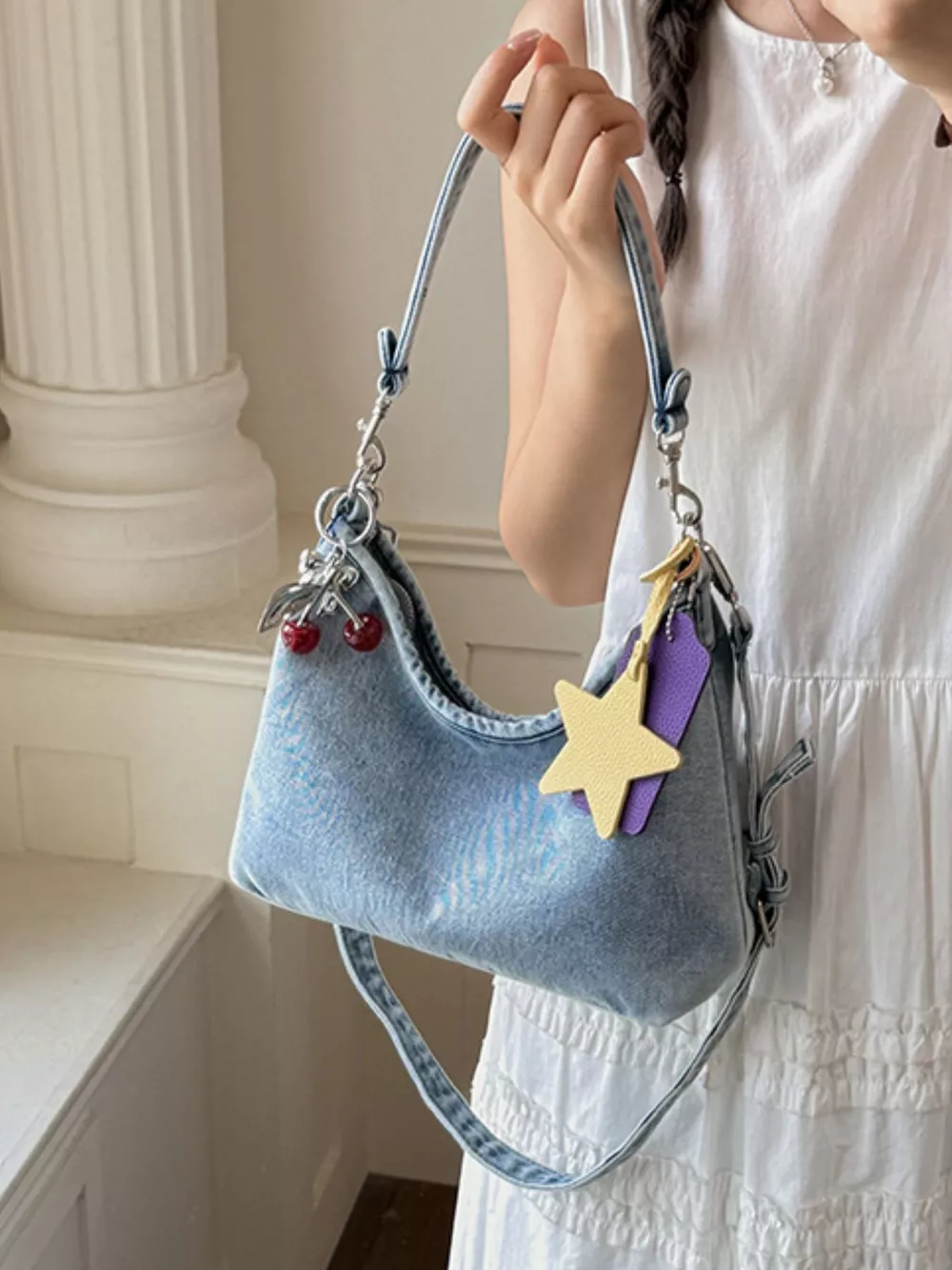 Star Charm Denim Shoulder Bag, image 4