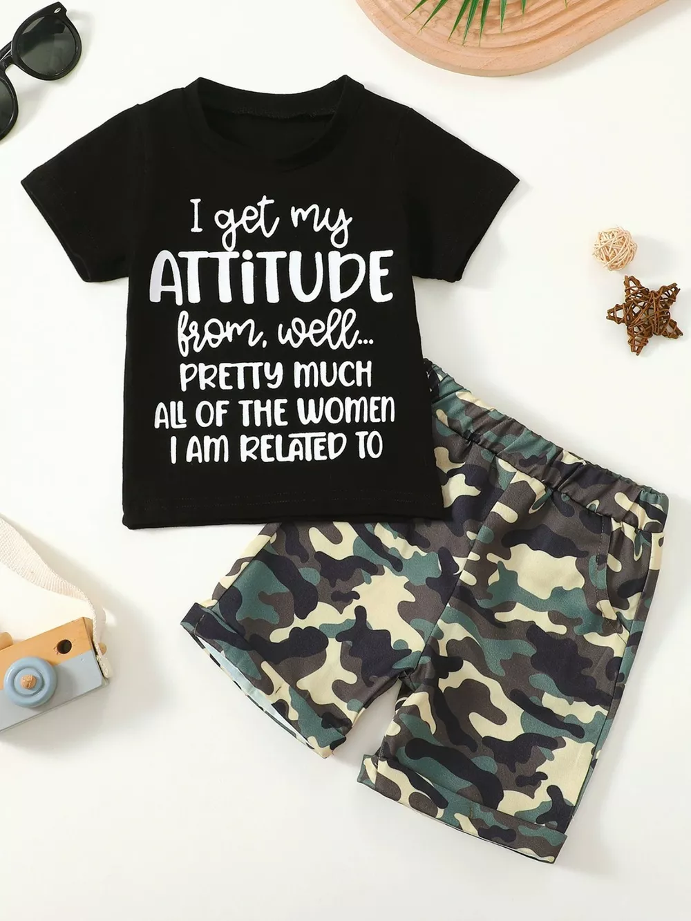 Children's Letter Graphic Tee and Camouflage Shorts Set, image 10