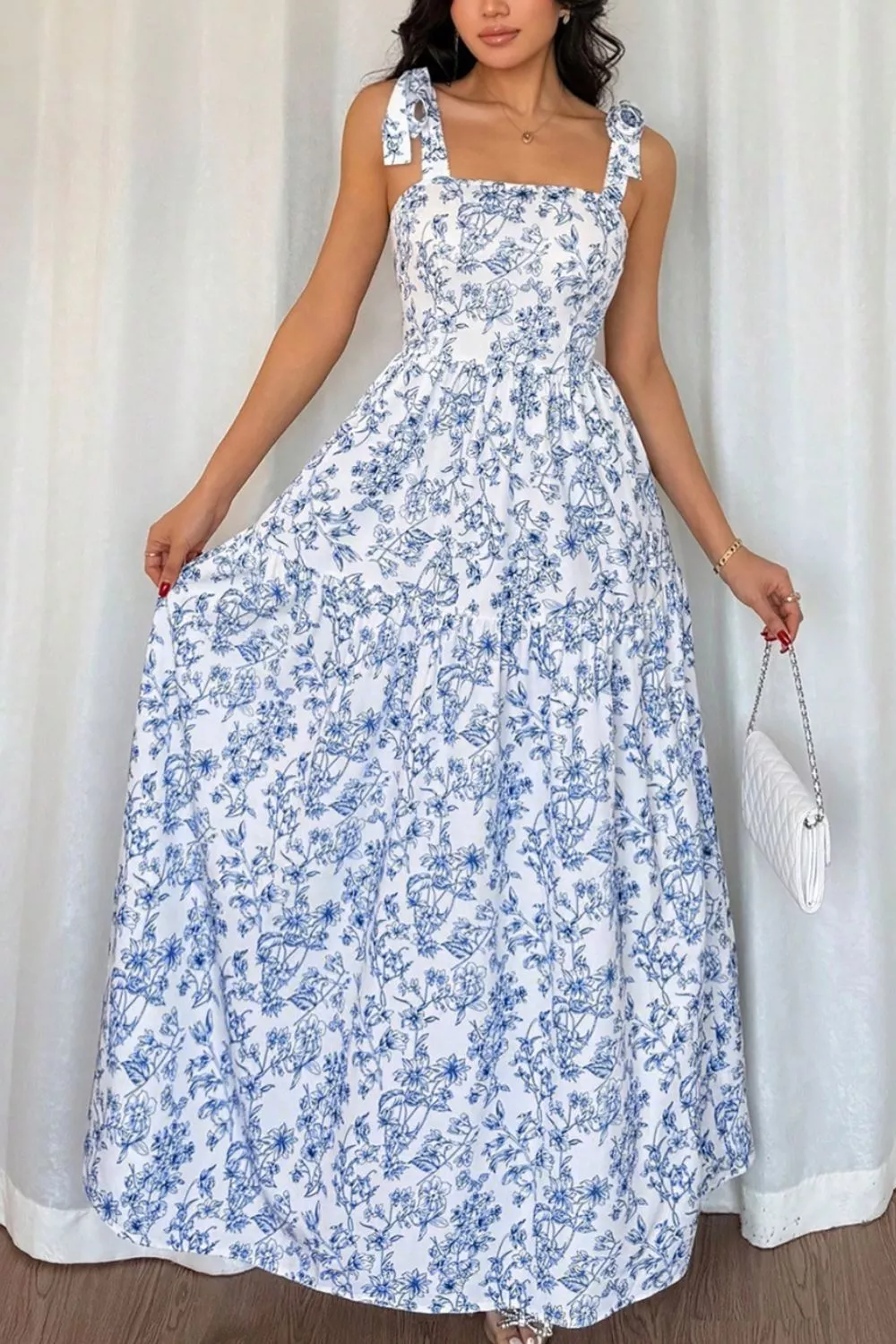 Floral Print Knot Straps High Waist Flared Maxi Dress, image 5