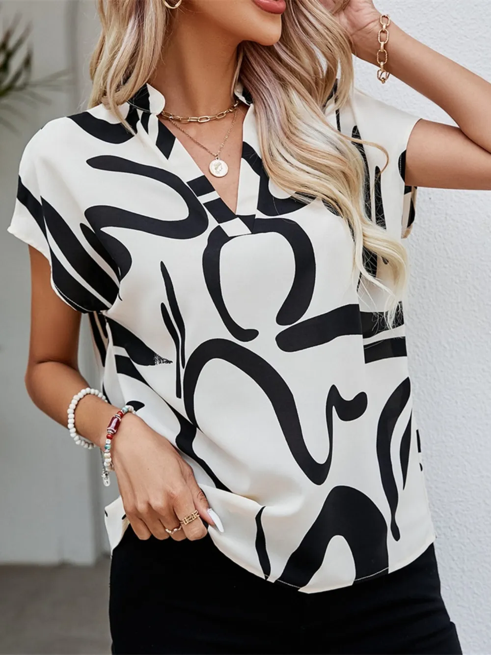 Printed Notched Short Sleeve Blouse, image 4