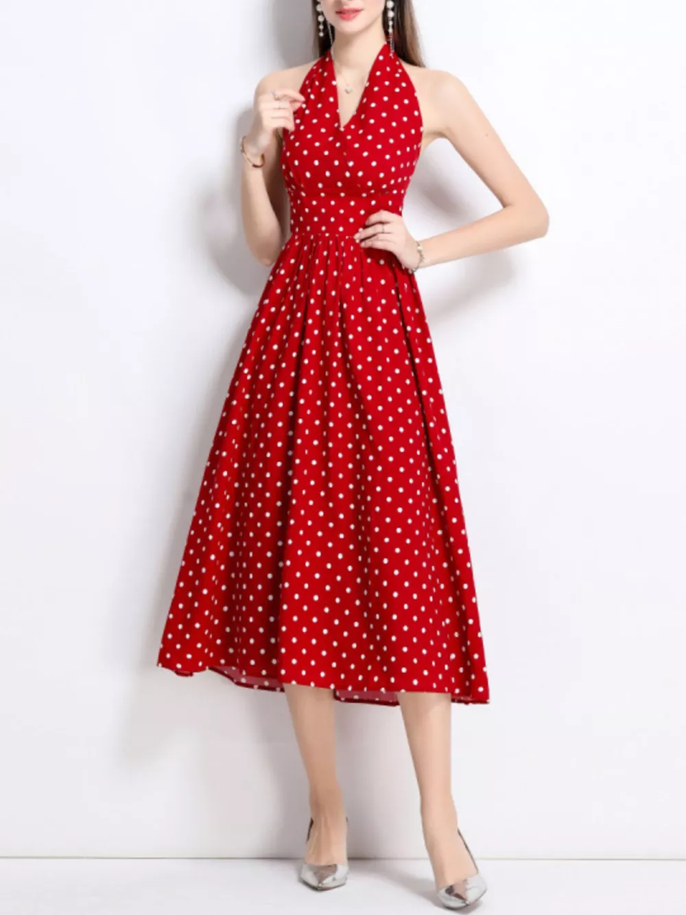 Polka Dot Halter Neck Midi Dress, image 7