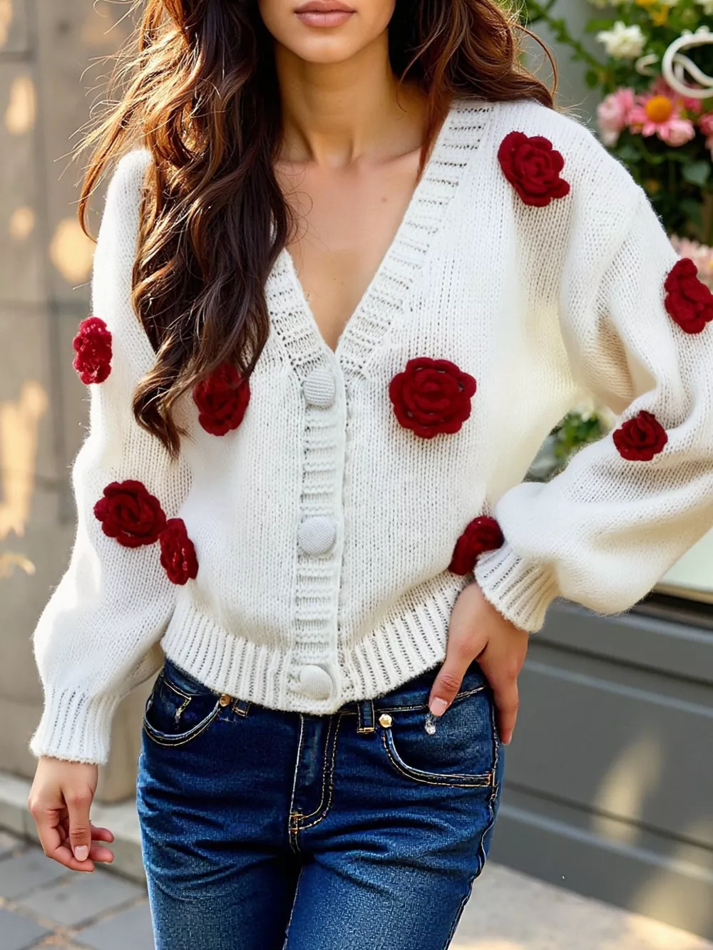 Rose Embellished V-Neck Cardigan, image 12