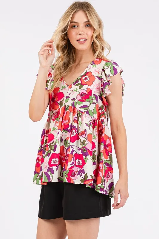 Floral V-Neck Ruffled Cap Sleeve Blouse, image 3