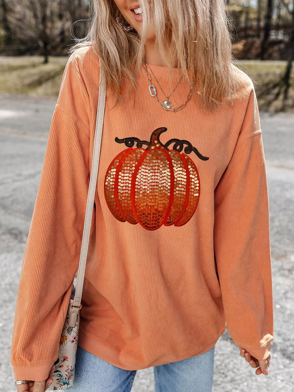 Halloween Sequined Pumpkin Ribbed Round Neck Sweatshirt, image 6